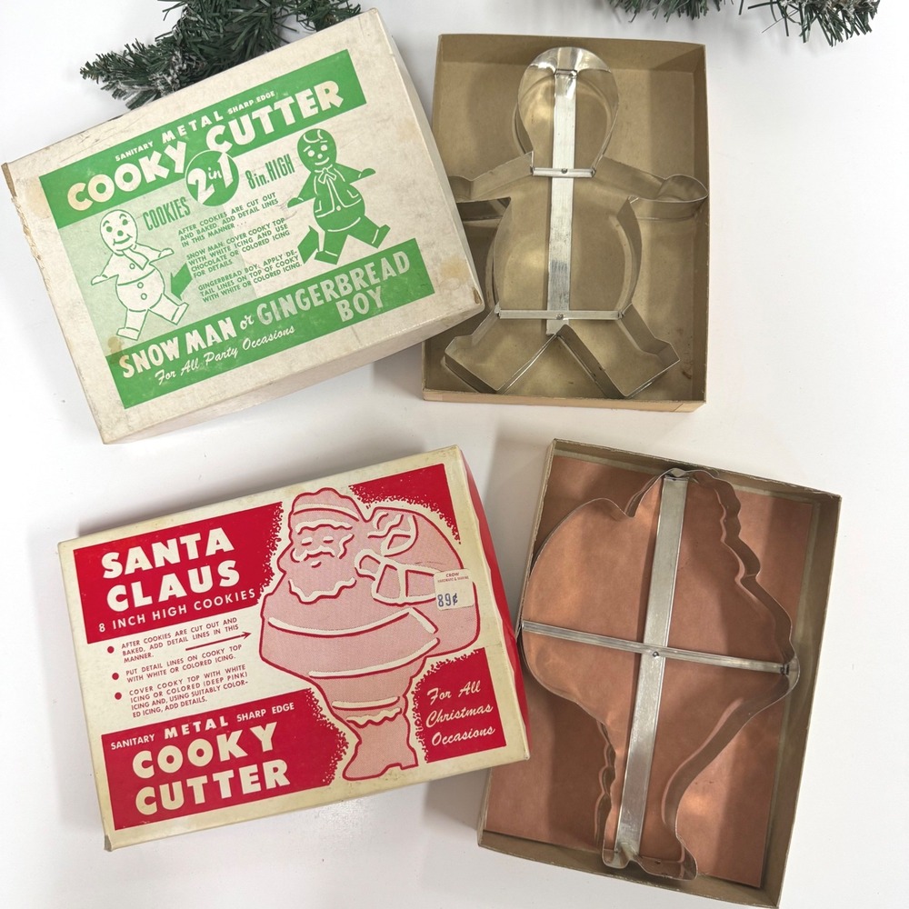 Vintage 8 Inch Metal Cookie Cutters Santa Claus Gingerbread Snowman Set of 2